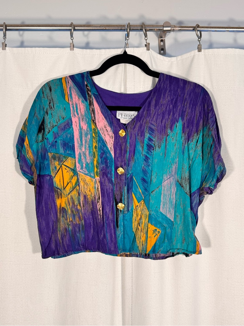 Vintage 90s Abstract Print Button Front Cropped Blouse